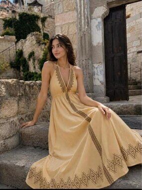 Thearah Butter Cream Organic Cotton Embroidered Halter Maxi Dress, V Neck